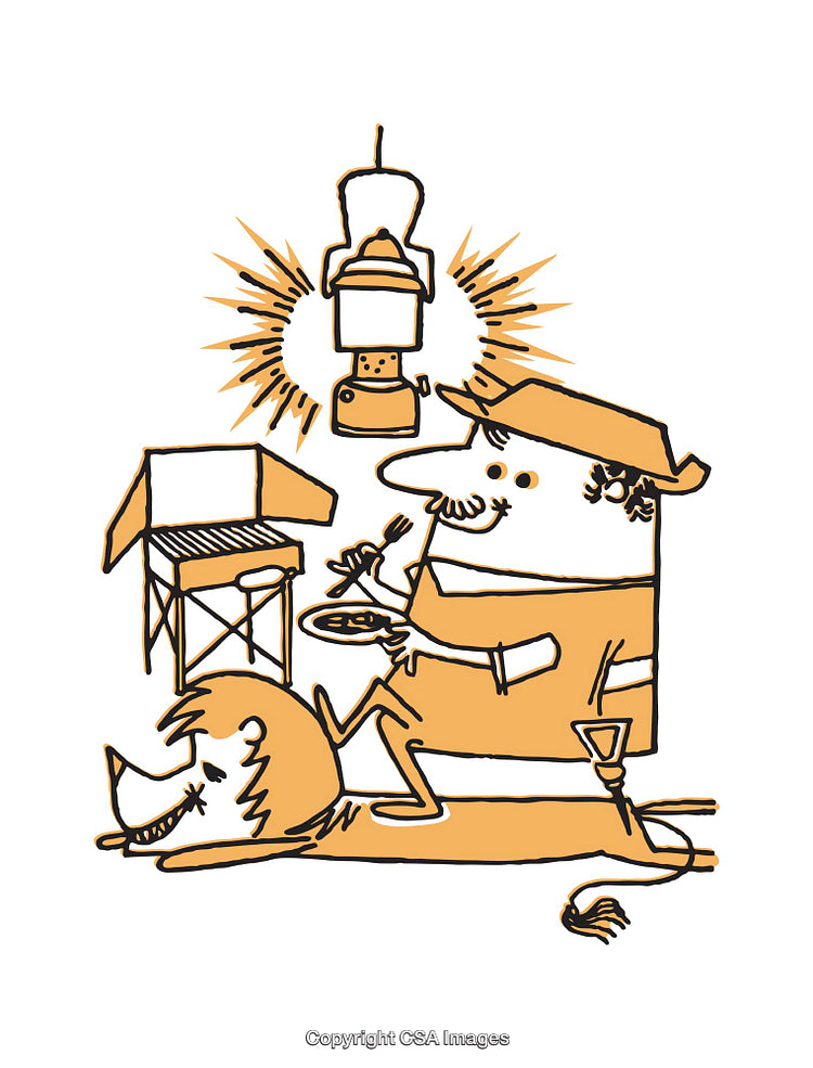 Cartoon Illustration of a Camper Enjoying a Meal with Dog Under Lantern