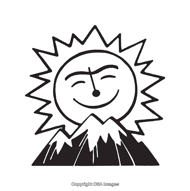 Sun Smiling Over Snowy Mountains in Line Art Style