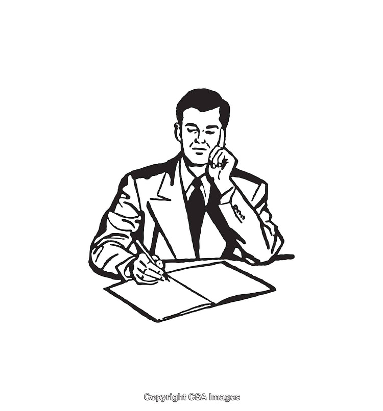 Black and White Illustration of a Man Writing at a Desk