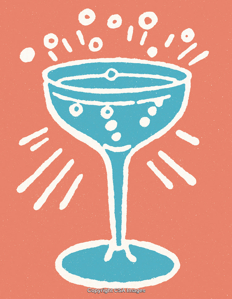 Hand-Drawn Champagne Glass Illustration with Sparkling Bubbles and Celebratory Vibes