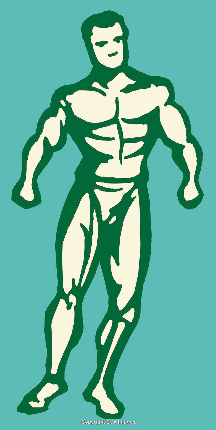 Retro Line Art Illustration of a Muscular Male Figure on Teal Background