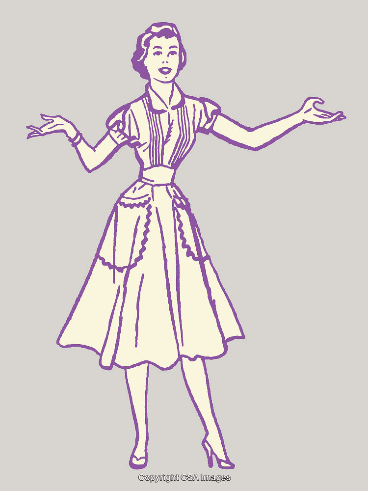 Vintage Line Art Illustration of a Woman in Apron and Dress