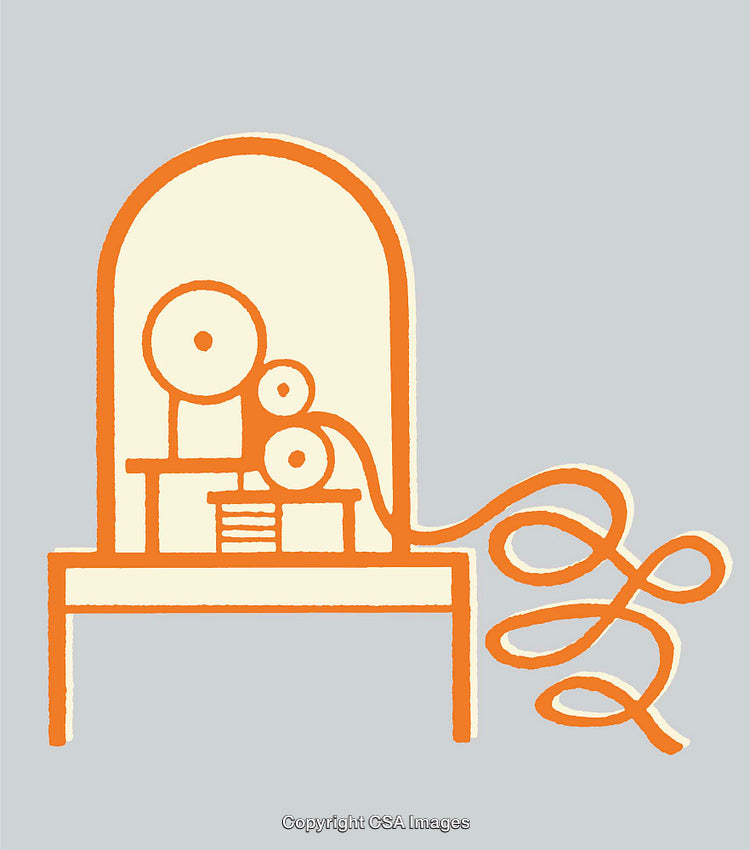 Orange Line Art Depiction of a Vintage Machine and Flowing Cables