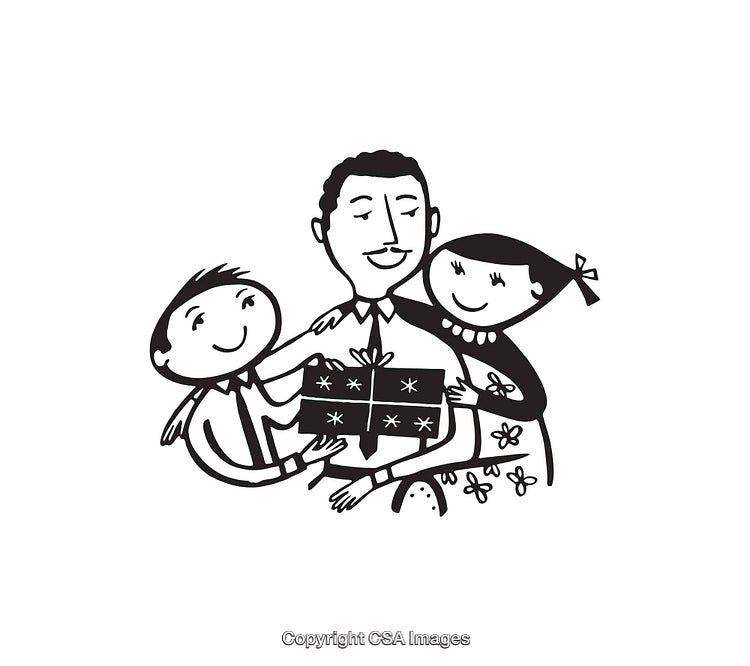 Heartwarming Black and White Illustration of a Family Sharing a Gift