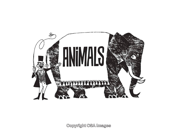 Black and White Illustration of a Circus Elephant and Trainer