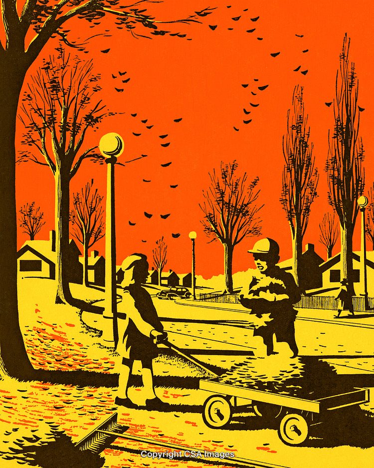 Autumn Day in Suburbia with Children Playing and Leaves Falling
