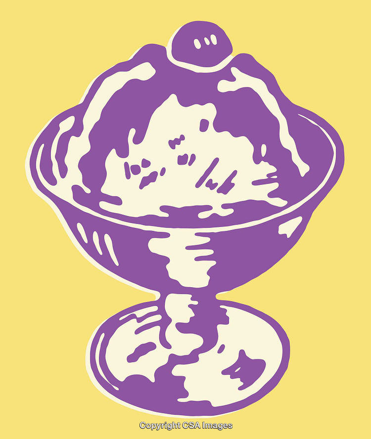 Purple Ice Cream Artwork in Vintage-Styled Line Art Illustration on Yellow Background