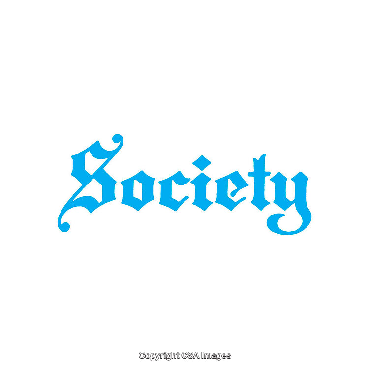 Blue Society Word in Gothic Calligraphic Style on White Background