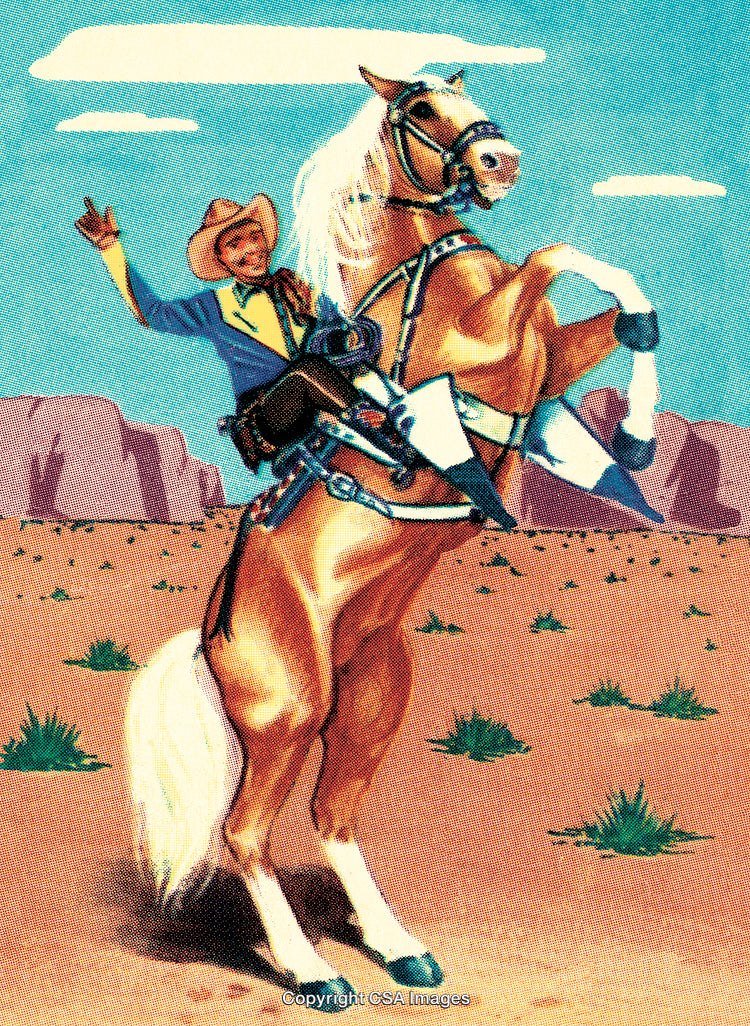 Cowboy Riding a Rearing Horse in the Desert Landscape