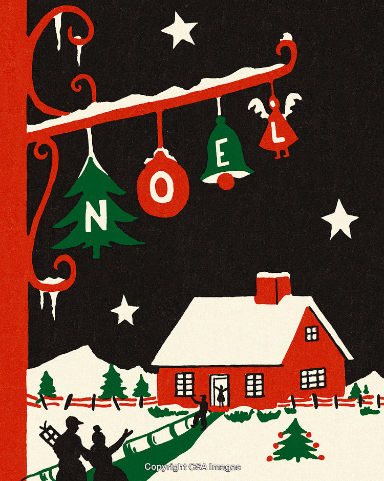 Festive Holiday Scene Featuring A Cozy Cottage And Decorative Noel Sign