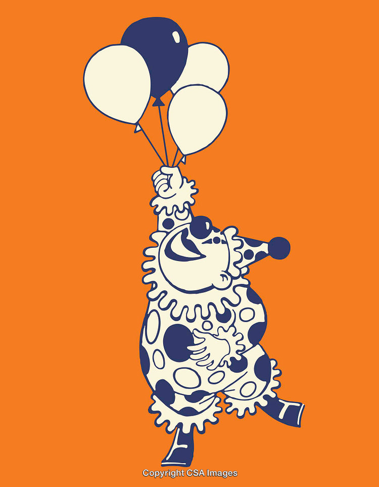 Illustration of a Happy Clown Holding Balloons on Orange Background