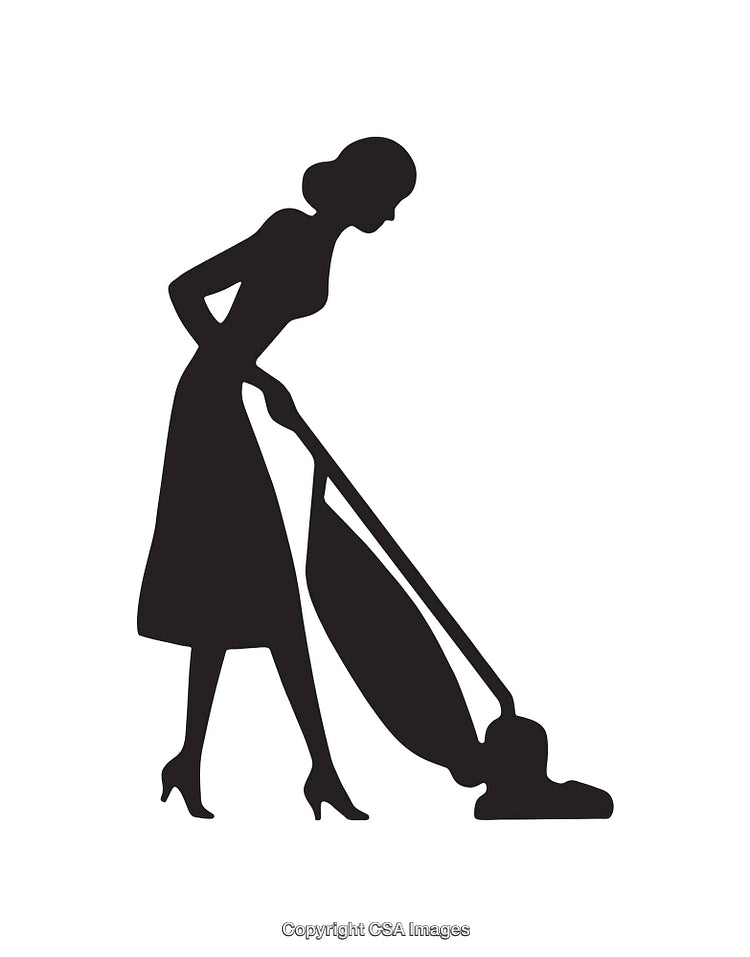 Silhouette of a Woman Vacuuming in Minimalist Black-and-White Design