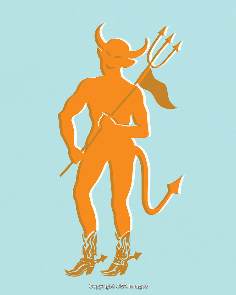Playful Illustration of a Devil Figurine with Fork and Boots