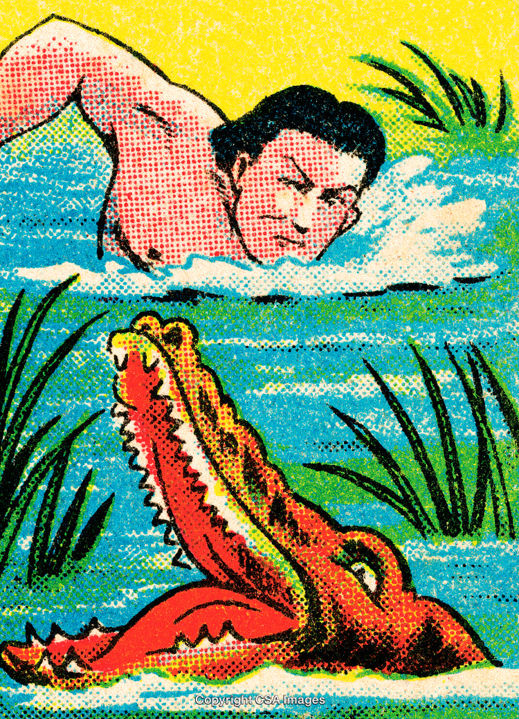 Vintage Comic Illustration of a Man Facing a Crocodile in Water