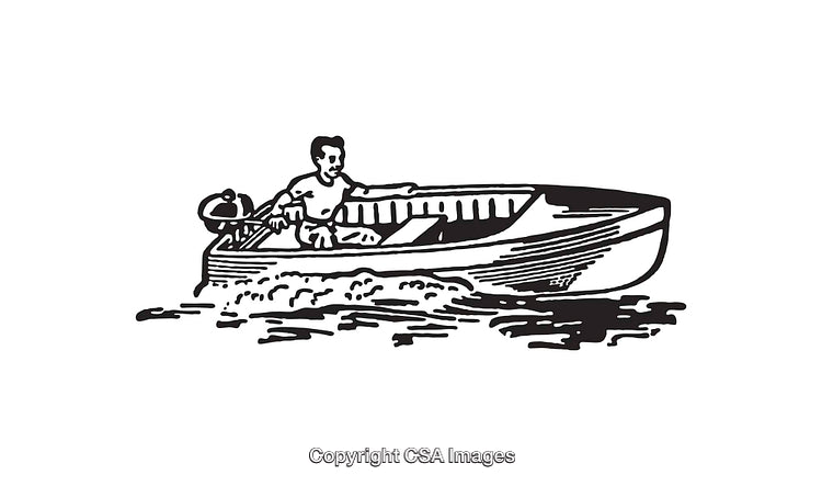 Vintage Line Art Illustration of a Man Rowing a Wooden Boat