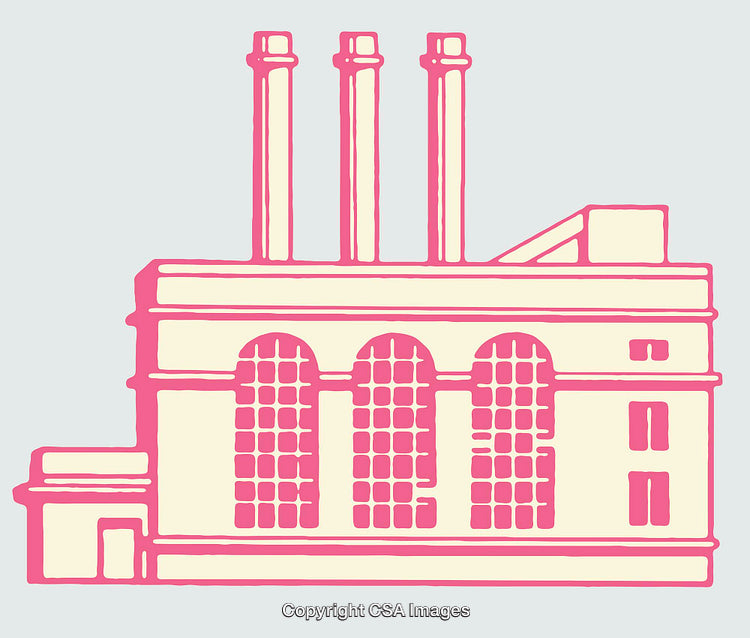 Stylized Line Art Illustration of a Factory with Three Smokestacks