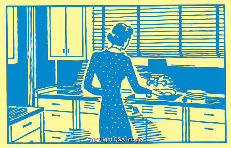 Retro Style Line Art of a Woman in a Kitchen Scene