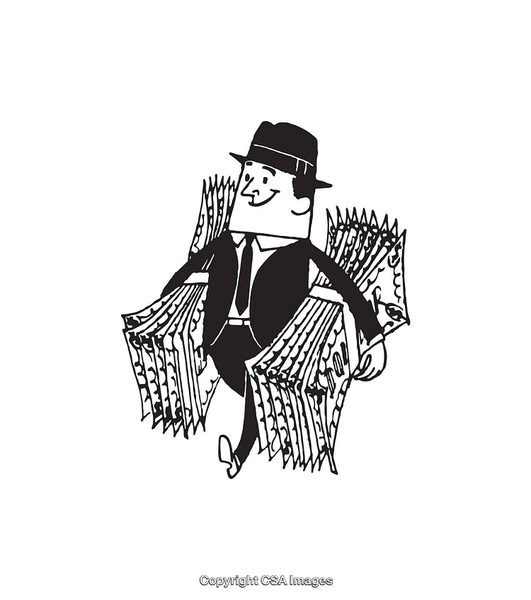 Black and White Illustration of a Man Sitting With Money Stacks