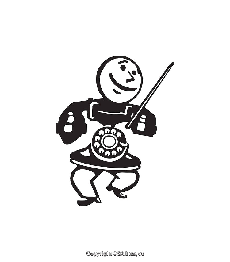 Creative Black and White Illustration of Whimsical Character with Rotary Telephone