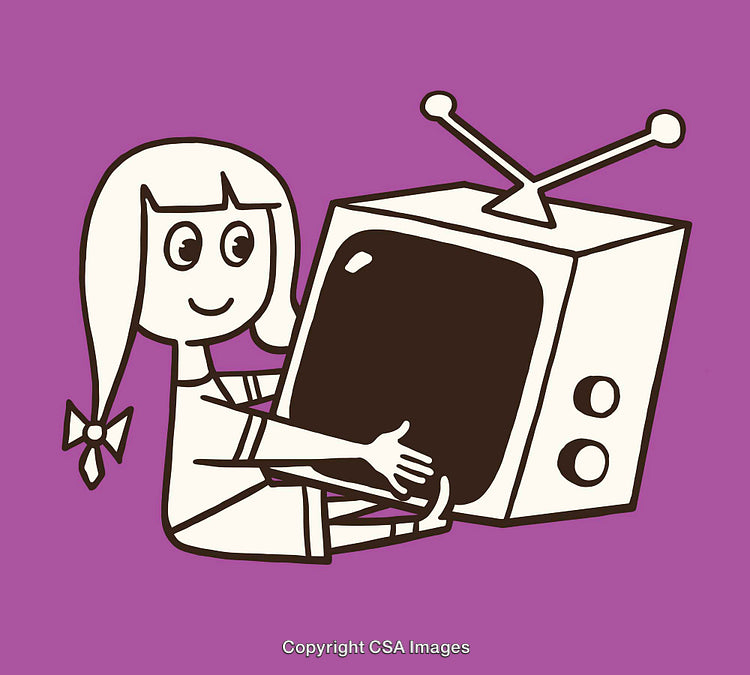Cartoon Girl Embracing Vintage Television on Purple Background