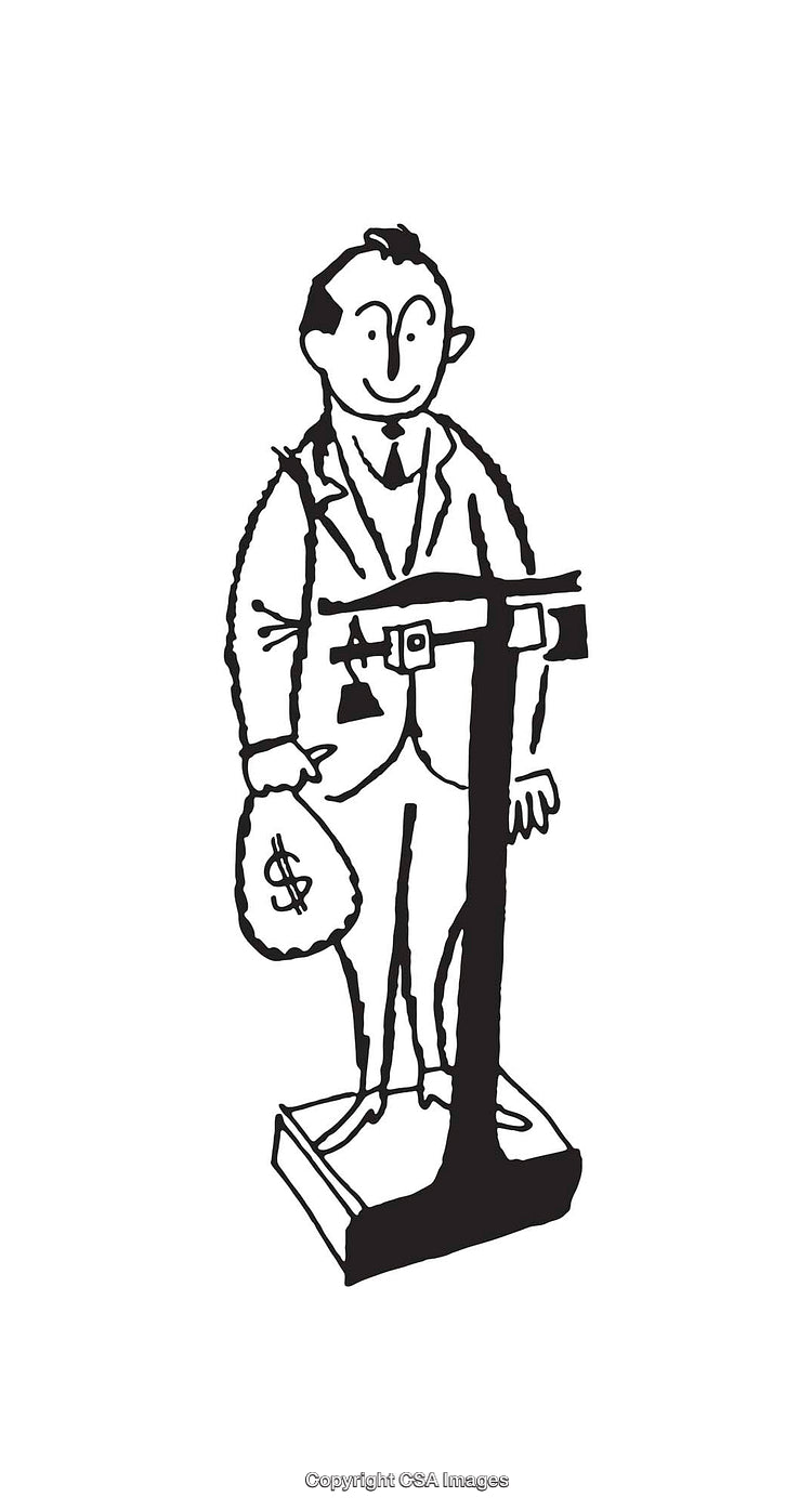 Black and White Illustration of Businessman Carrying a Money Bag While Weighing
