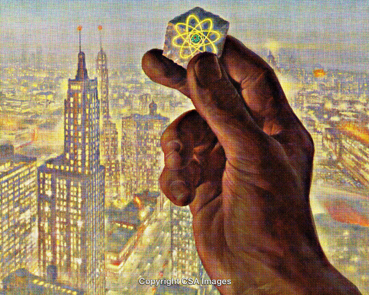 Hand Holding Atomic Symbol Over a Brightly Illuminated Urban Skyline