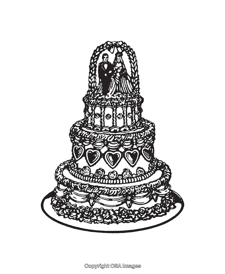 Black and White Illustration of a Three-Tier Wedding Cake Design