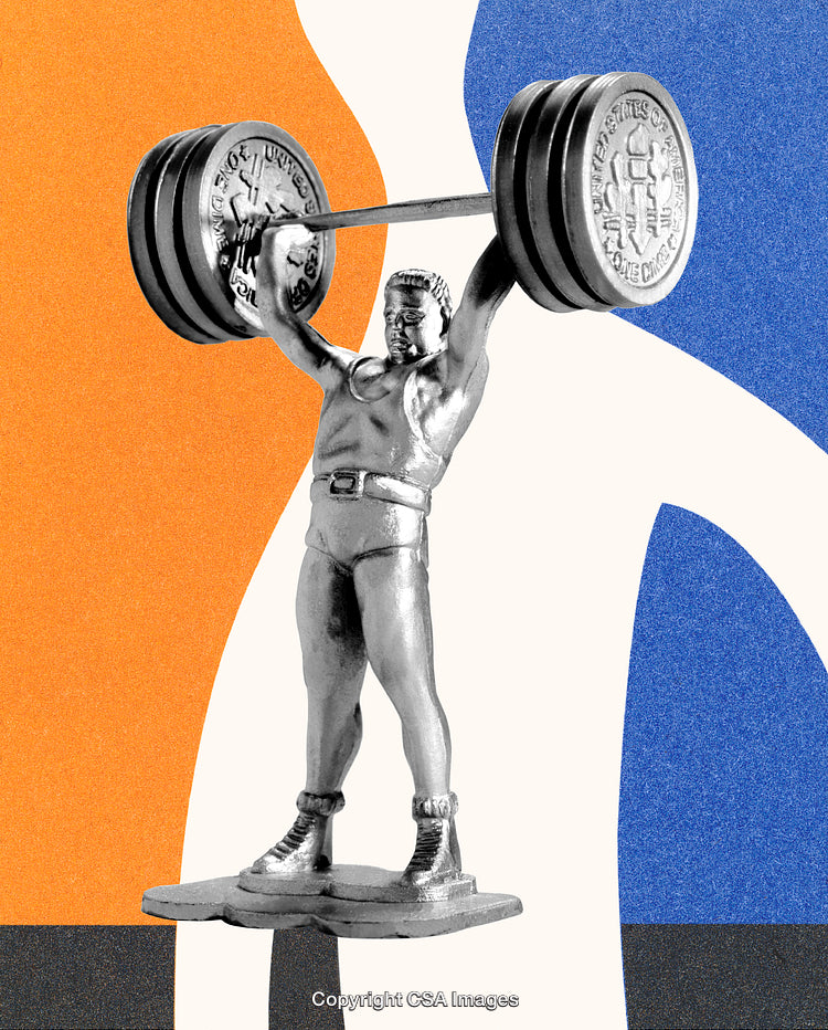 Vintage Metal Figurine of Weightlifter Lifting Barbells on Colorful Background