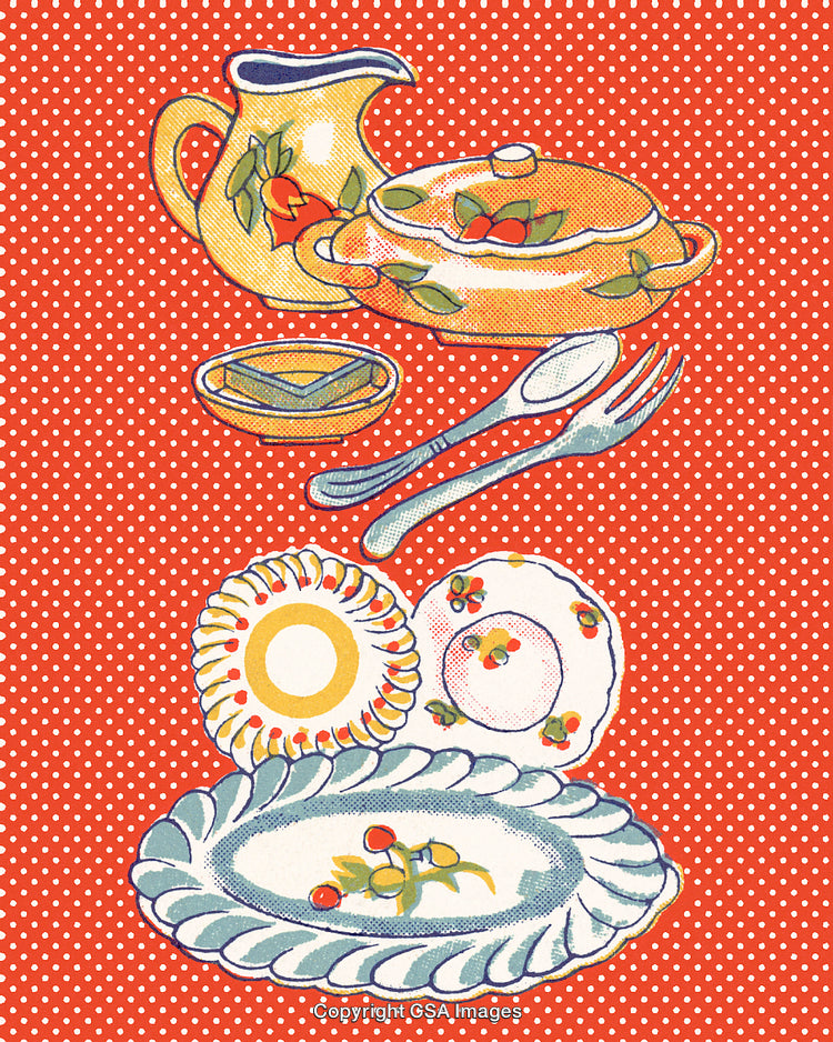 Retro Styled Kitchenware Illustration with Red Polka Dot Background