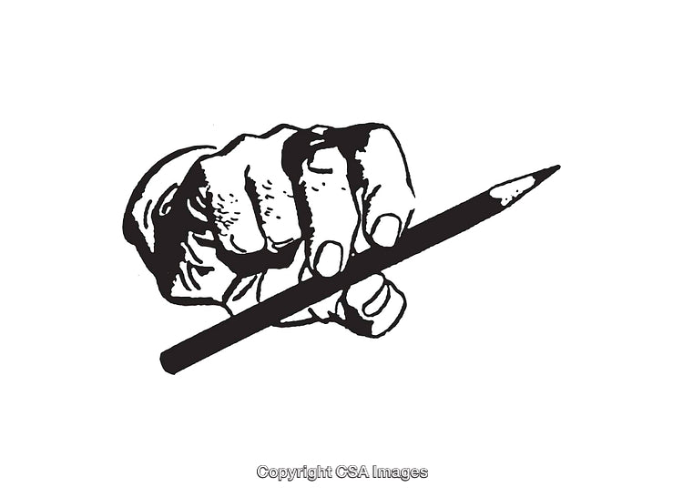 Black and White Line Art of Hand Holding a Pencil
