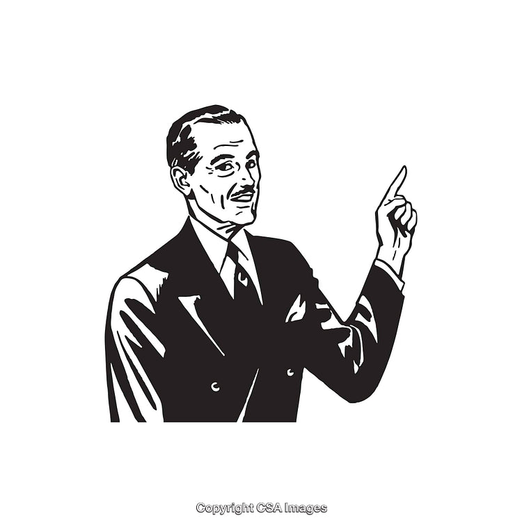 Retro Black and White Illustration of a Businessman Pointing Finger