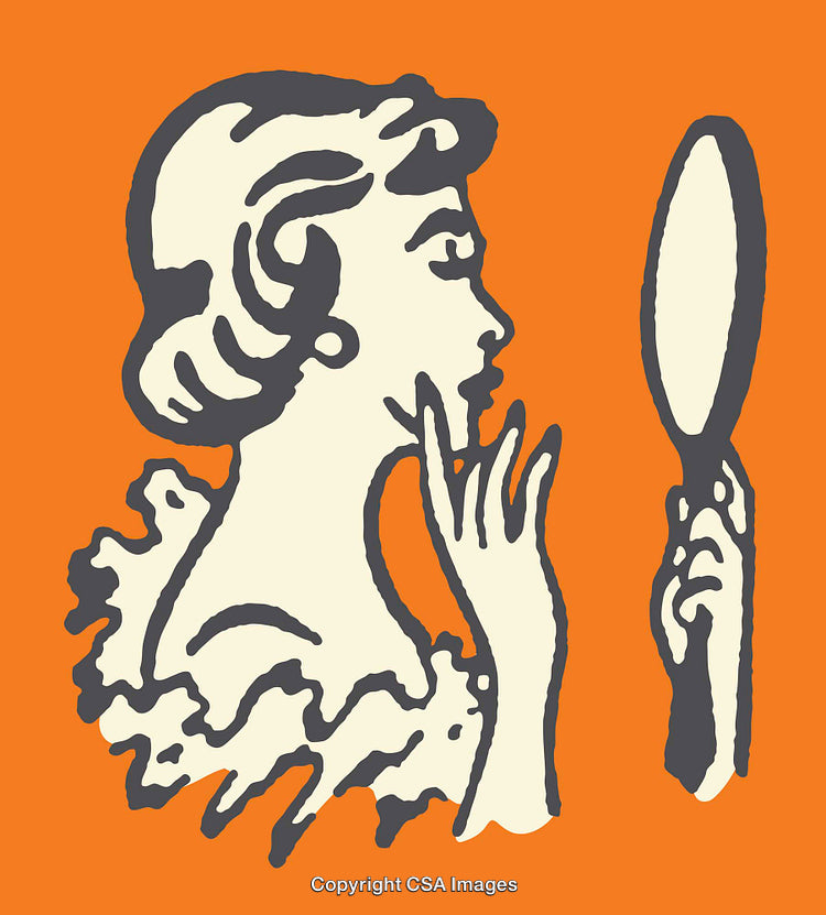 Colorful Illustration of a Woman Holding a Mirror on Orange Background