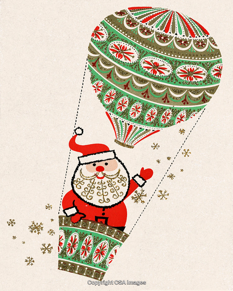 Santa Claus Riding a Festive Hot Air Balloon in Artistic Illustration