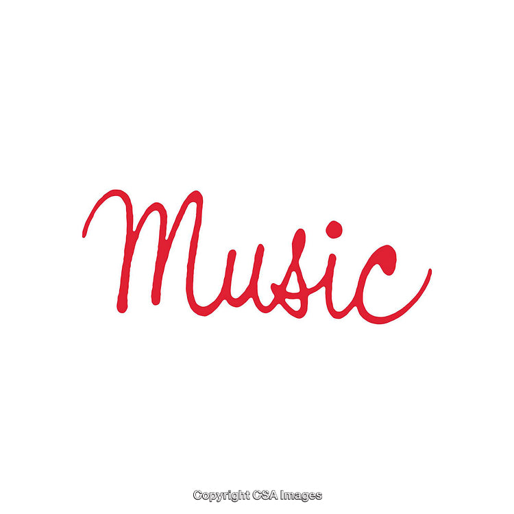 Music Word Art in Stylized Red Script on a White Background