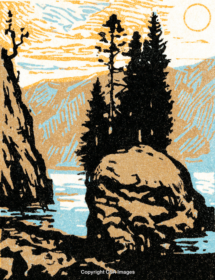 Scenic Illustration of Mountain Lake with Rocks and Pine Trees