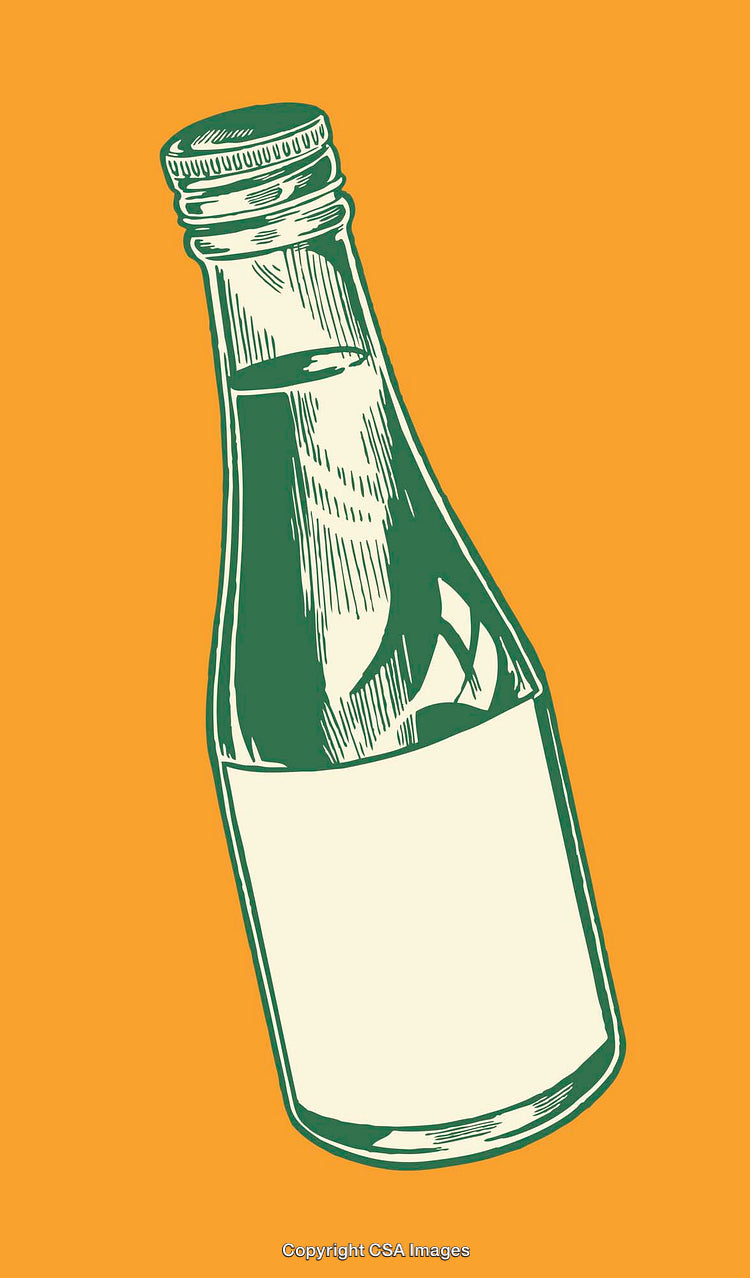 Vintage Green Line Art Illustration of a Bottle on Orange Background