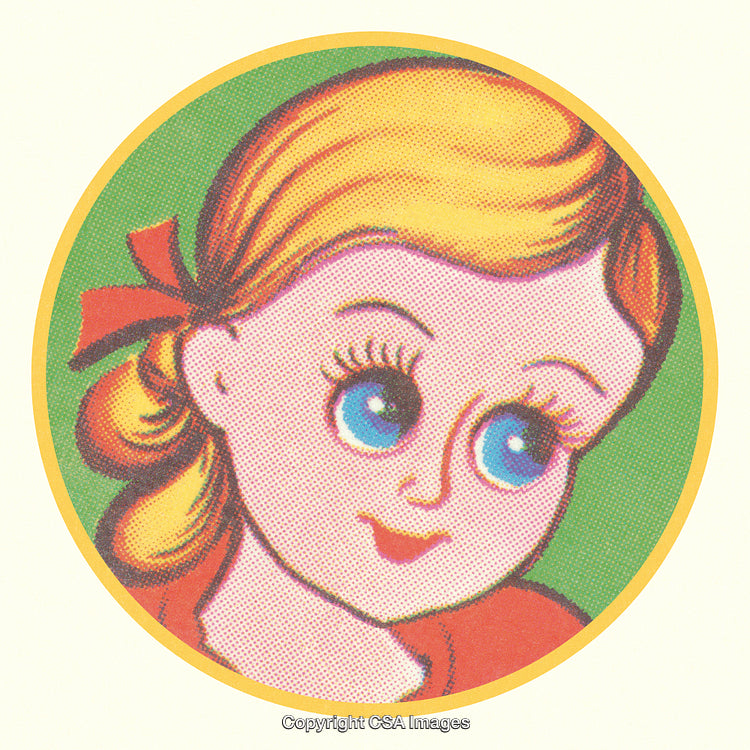 Retro Style Illustration of a Girl with Bright Blue Eyes and Blonde Hair