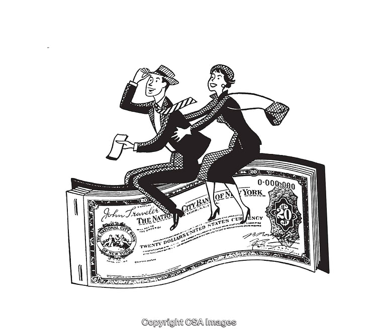 Retro Black and White Illustration of a Couple Riding a Banknote