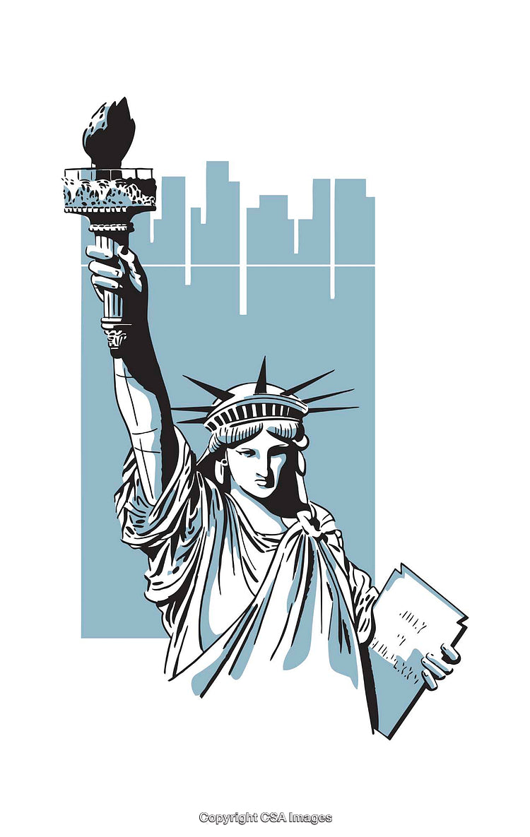 Statue of Liberty Illustration with Urban Background in Light Blue Shades