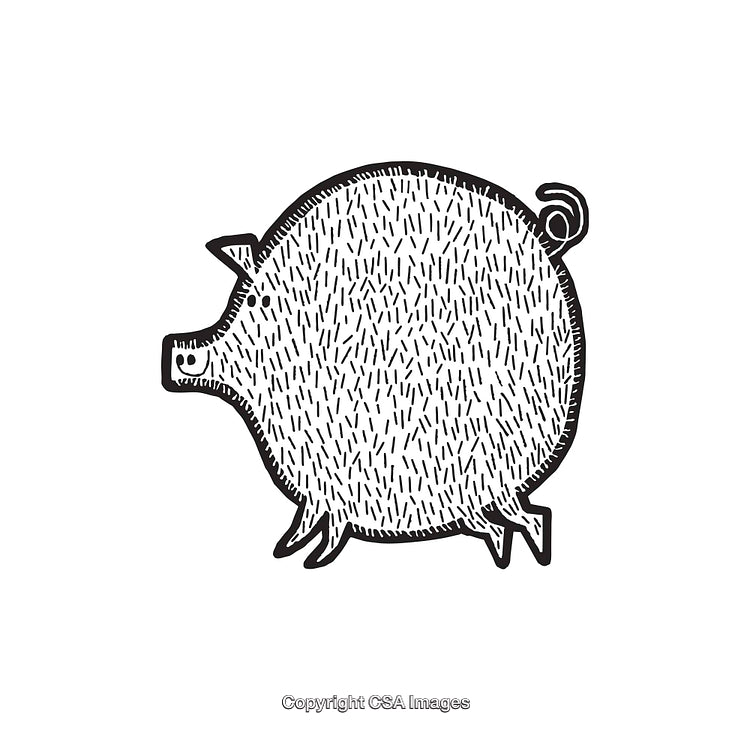 Black and White Line Art Illustration of a Comical Cartoon Pig