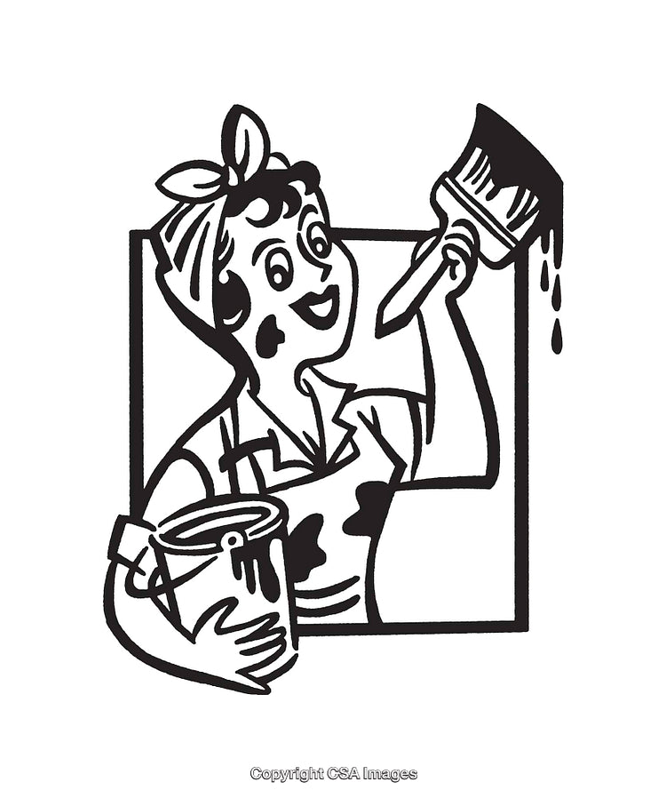 Retro Line Art of a Painter Woman Holding a Paintbrush and Can
