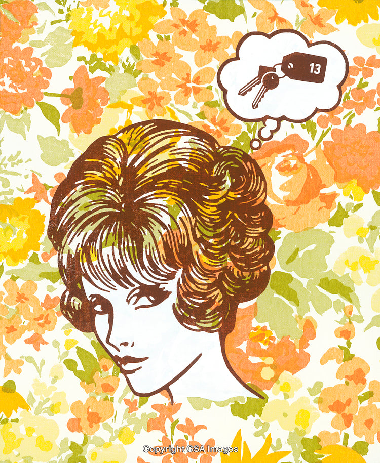 Retro Illustration of a Woman and Key Symbol Amidst Floral Background
