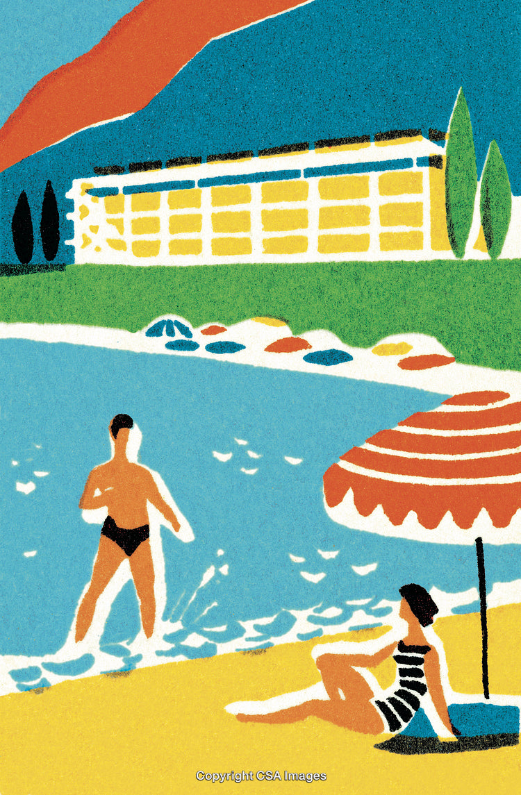 Colorful Seaside Illustration Featuring Relaxed Beachgoers and Scenic View