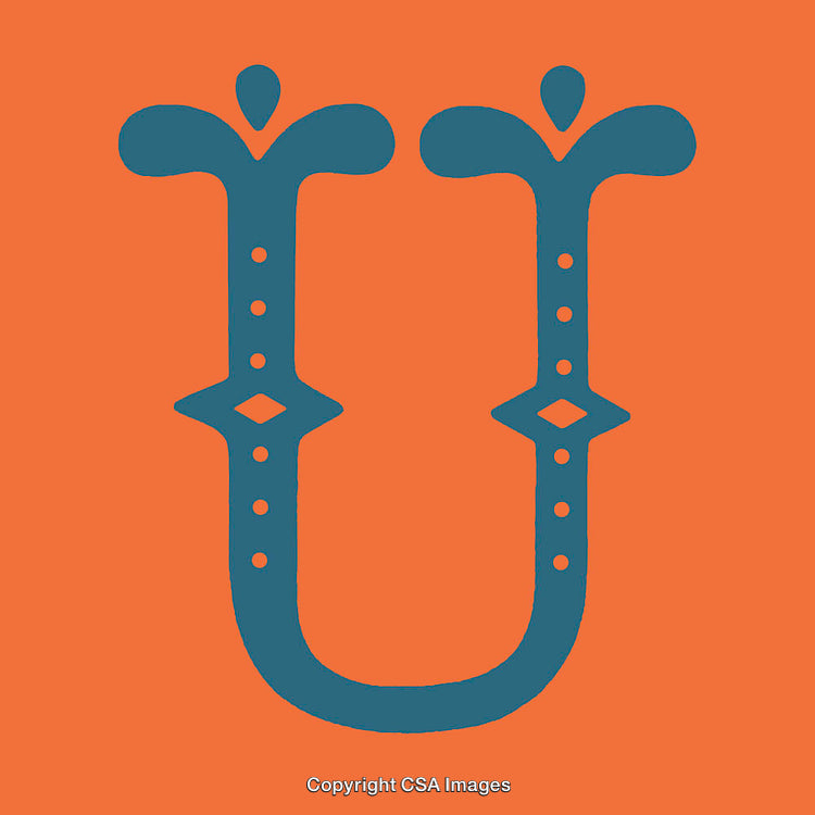 Stylized Decorative Letter U Design in Bold Blue on Orange Background
