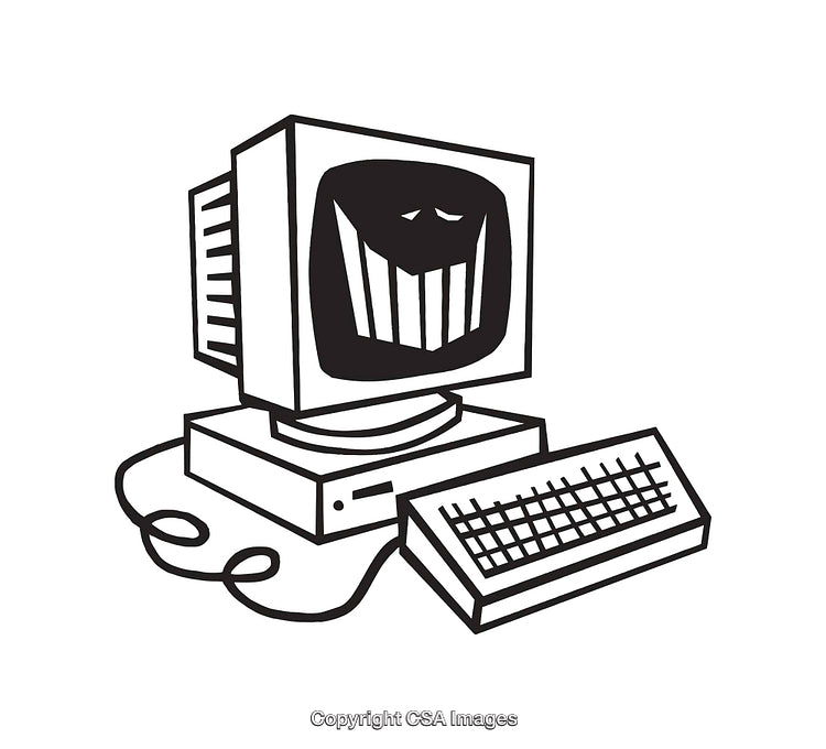 Retro Computer Illustration with Facial Expression on Screen, Black and White Design