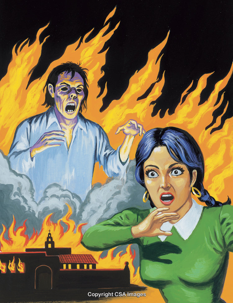 Frightened Woman Fleeing Zombie in Fiery Mayhem Scene