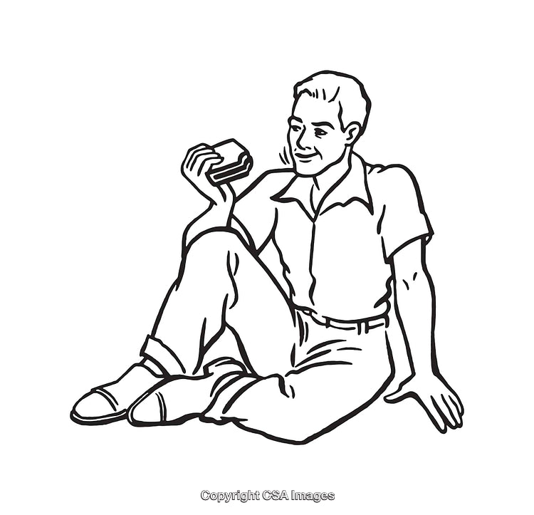 Man Sitting Relaxedly Enjoying a Snack in Black and White Line Art