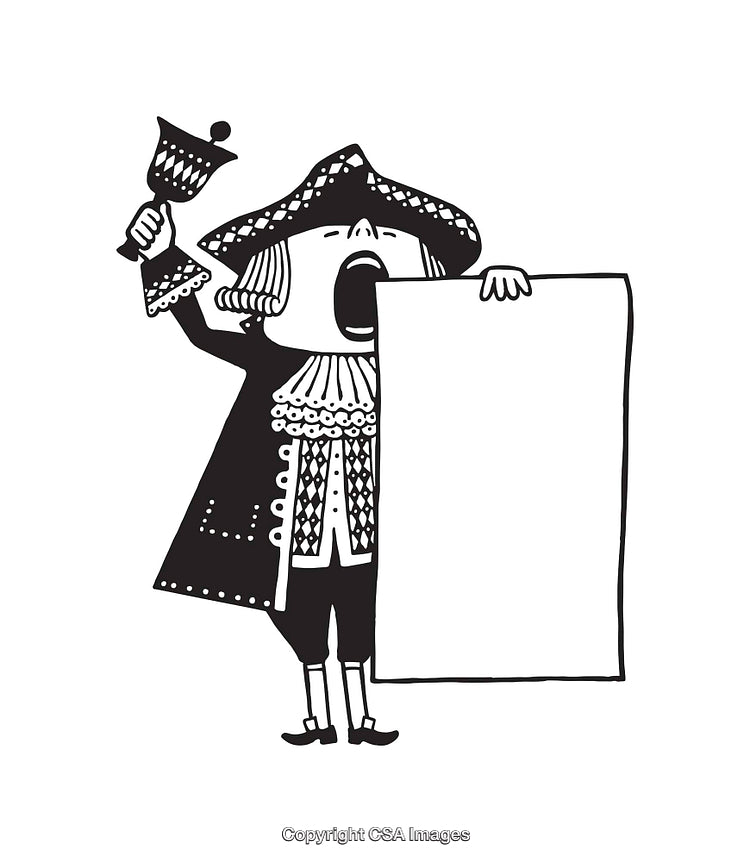 Vintage Town Crier Illustration Holding a Scroll with a Bell