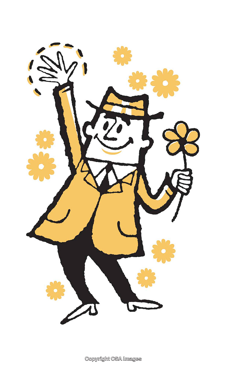 Cheerful Cartoon Character Waving and Holding a Flower