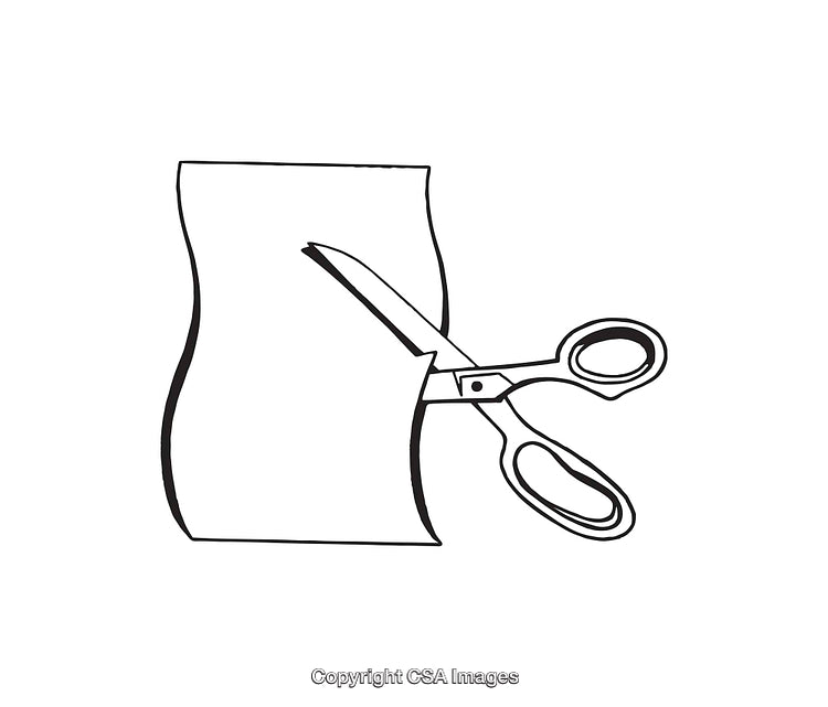 Black and White Line Art of Scissors Cutting a Piece of Paper
